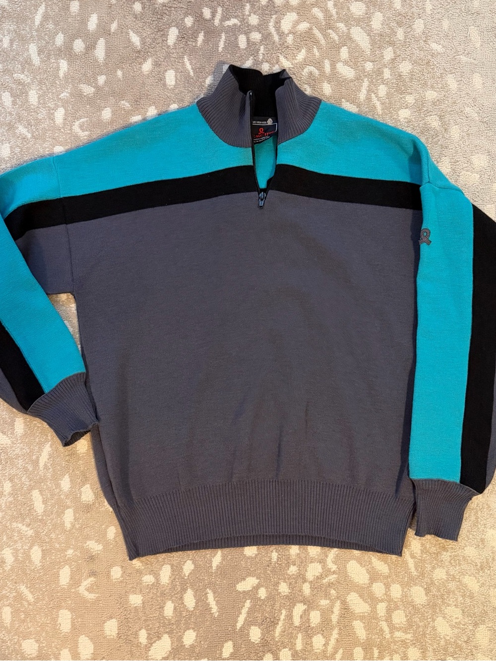 Men's Demetre Quarter-Zip Colorblock Sweater - Teal & Gray 💯 wool vtg